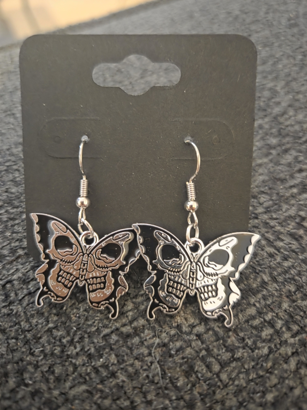 Gothic Skull Butterfly Dangle Earrings - Silver & Black